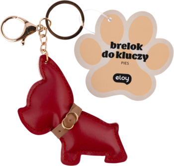 Czerwony brelok do kluczy imitujący psa (buldoga) ze sztucznej skóry, z beżową obrożą i złotym karabińczykiem.