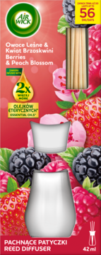 Air Wick Reed Diffuser Berries & Peach Blossom, 42ml. Front view of red packaging with fruits, 2x essential oils, reeds.
