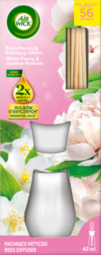 Opakowanie Air Wick Reed Diffuser Biała Peonia & Jaśmin, z patyczkami, 42ml, do 56 dni świeżości.