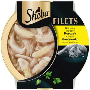 Sheba Filets Naturalny Szarpany Kurczak, karma dla kota w sosie, złoty pojemnik, zbliżenie na zawartość.