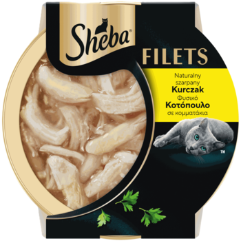 Sheba Filets, mokra karma dla kotów z naturalnie szarpanym kurczakiem. Złoto-czarne opakowanie z widocznymi filetami.