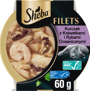 Sheba FILETS mokra karma dla kota, Kurczak z Krewetkami i Rybami Oceanicznymi, widok otwartej tacki 60g.