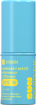 HISKIN niebieski sztyft ochronny z filtrem SPF 50, widok z przodu. Etykieta SUN PROTECTOR, witaminy C, E.