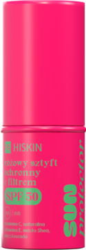 Różowy sztyft ochronny HISKIN SPF 50. Cylindryczne opakowanie z zielonymi napisami i hasłem SUN protector.