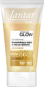 Biało-złota tuba Jantar SUN After Sun Glow, rozświetlający olejek w żelu po opalaniu ze złotymi drobinkami, widok z przodu.