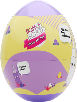 Fluff Faces Egg Hunt jajko-niespodzianka, żółto-fioletowe, z grafiką produktów do pielęgnacji skóry. Widok z przodu.