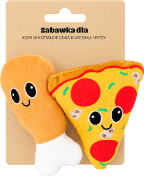 Pluszowe zabawki dla kota: udko kurczaka i kawałek pizzy z uśmiechniętymi minami, na brązowym kartonie.