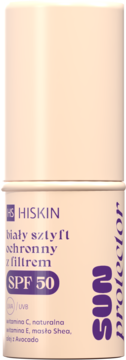 Biały sztyft ochronny HISKIN Sun Protector SPF 50, beżowy cylinder z fioletowym tekstem, widok z przodu.