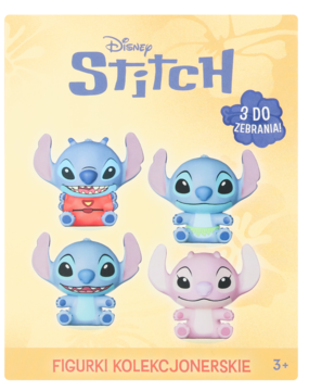 Paczka przedstawiająca cztery figurki kolekcjonerskie Disney Stitch: trzy niebieskie i różową Angel.