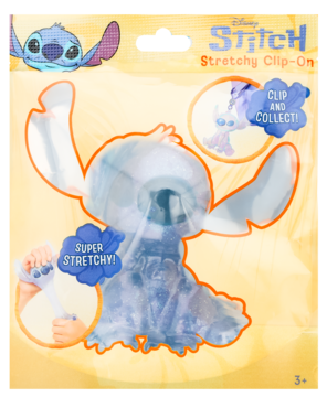 Rozciągliwa figurka Disney Stitch Stretchy Clip-On, niebieska, w opakowaniu na żółtym tle, widok z przodu.