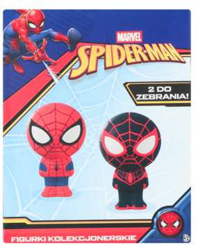 Dwie figurki kolekcjonerskie Marvel Spider-Man w opakowaniu: klasyczny czerwono-niebieski i czarny Miles Morales.