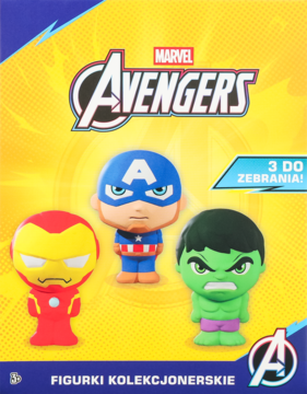 Marvel Avengers figurki kolekcjonerskie: Iron Man, Kapitan Ameryka, Hulk na żółto-niebieskim opakowaniu.