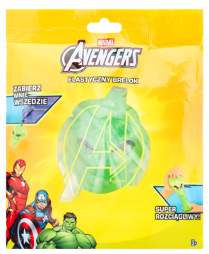 Avengers elastyczny brelok, zielone logo A w żółtym opakowaniu, z Iron Manem, Hulkiem i Capem.