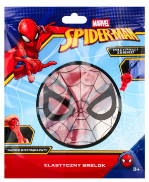 Elastyczny brelok Spider-Man w opakowaniu Marvel. Czerwono-niebieski blister, widoczny rozciągliwy brelok z maską.