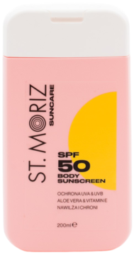 Różowy St. Moriz Suncare Body Sunscreen SPF 50 z Aloe Vera i Witaminą E, prostokątna butelka, front.