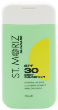 St. Moriz Suncare Body Sunscreen SPF 30, zielona butelka z białym korkiem i żółtym słońcem, widok z przodu.