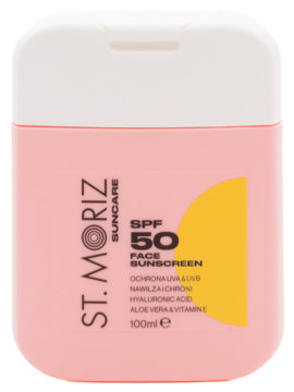 St. Moriz Suncare SPF 50 Face Sunscreen w różowej butelce z białą nakrętką, z kwasem hialuronowym i witaminą E, widok z przodu.