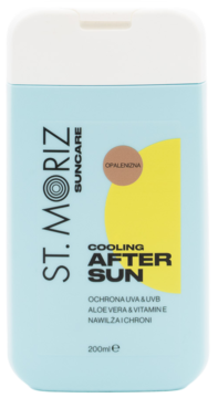 St. Moriz Cooling After Sun, jasnoniebieski balsam po opalaniu z samoopalaczem, butelka 200ml, widok przód.