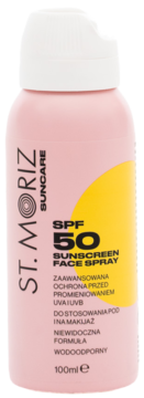 Różowy spray przeciwsłoneczny St. Moriz Suncare SPF 50 do twarzy, biała nakrętka, czarno-żółte logo, widok z przodu.