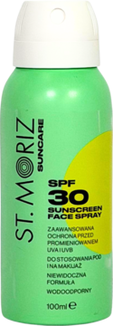 St. Moriz Suncare SPF 30 Sunscreen Face Spray, zielony spray do twarzy 100ml, wodoodporny, widok z przodu.