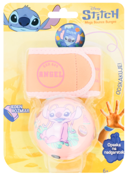 Opakowany zestaw Disney Stitch Mega Bounce Bungee: różowa piłka Angel, niebieska piłka Stitch i różowa opaska.