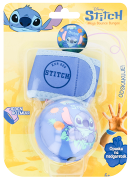 Zestaw Disney Stitch Mega Bounce Bungee: niebieska piłka z wizerunkiem Stitcha i pasująca opaska. Widok z przodu, blister.