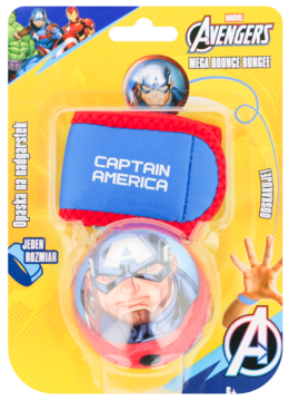 Opaska Captain America Avengers Mega Bounce Bungee, niebiesko-czerwona, w żółtym opakowaniu blister, widok z przodu.