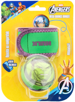 Zestaw Avengers Hulk Mega Bounce: zielona piłka z twarzą Hulka i fioletowo-zielona opaska, widok z przodu w blistrze.