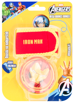 Czerwono-żółta opaska Iron Man Avengers Mega Bounce Bungee z maską, w blistrze na żółto-niebieskim tle.