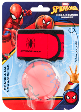 Spider-Man Mega Bounce Bungee: czerwona opaska na nadgarstek i sprężysta kula w blistrze, widok z przodu.