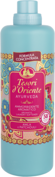 Tesori d'Oriente Ayurveda Amla & Patchouli, skoncentrowany płyn do płukania w turkusowej butelce, widok z przodu.