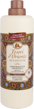 Tesori d'Oriente Byzantium Ammorbidente Aromatico, zapach Rosa Nera i Labdano, kremowa butelka, widok z przodu.