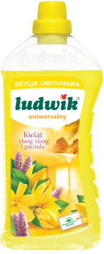 Żółta butelka płynu Ludwik uniwersalny, edycja limitowana Kwiat ylang ylang i paczula, widok z przodu.