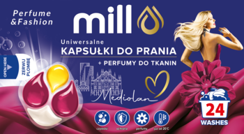 Reklama MILL Kapsułki do prania Perfume&Fashion MEDIOLAN, 24 szt., widać kapsułkę, kobiecą sylwetkę, kwiaty na granatowym tle.