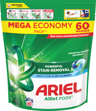 Zielone opakowanie Ariel Allin1 PODS Mountain Spring, 60 kapsułek do prania, widok z przodu.