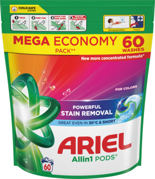 Ariel Allin1 PODS Color, zielona saszetka 60 prań, skutecznie usuwa plamy nawet w 30°C. Widok z przodu.