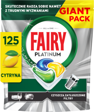 Zielono-srebrne opakowanie Fairy Platinum 125 cytrynowych tabletek do zmywarki, widok z przodu.