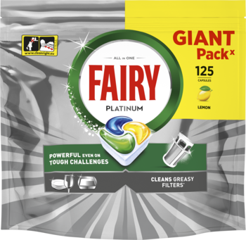 Fairy Platinum All In One Lemon 125 kapsułek, srebrno-żółta torba z grafiką tabletki.