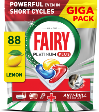 Fairy Platinum Plus Lemon GIGA PACK, 88 tabletek do zmywarki. Opakowanie podkreśla moc w krótkich cyklach i Anti-Dull Tech.