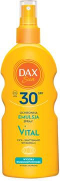 Żółta butelka DAX Sun SPF 30 VITAL ochronna emulsja spray, z Cica i witaminą C, wodoodporna, widok z przodu.