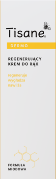 Biało-żółte opakowanie kremu Tisane Dermo, regenerującego kremu do rąk z miodową formułą, widok z przodu.