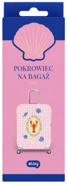 Różowe opakowanie na pokrowiec na bagaż z muszlą. Pokrowiec w różową kratkę z homarem, na walizce.