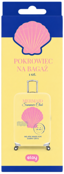 Front opakowania żółtego pokrowca na bagaż. Duża różowa muszla, napis POKROWIEC NA BAGAŻ, ilustracja walizki.