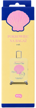 Opakowanie pokrowca na bagaż w kolorze żółtym z różową muszlą i ilustracją walizki Mermaid Summer Club.