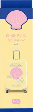 Żółty pokrowiec na bagaż z różową muszlą i napisem Mermaid Summer Club, widok z przodu na walizce.