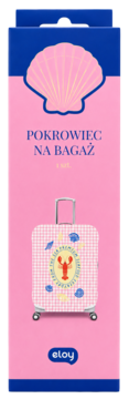 Różowo-niebieskie opakowanie na pokrowiec na bagaż, z muszlą oraz walizką w kratkę i motywem homara.