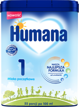 Niebieska puszka mleka początkowego Humana 1 dla niemowląt od urodzenia, z logo serca.