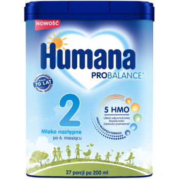 Niebieskie opakowanie mleka następnego Humana PROBALANCE 2 dla niemowląt po 6. miesiącu, widok z przodu.