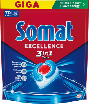 Somat Excellence 3w1 Caps, 70 kapsułek do zmywarki, czerwono-niebieskie opakowanie z lśniącą kapsułką.