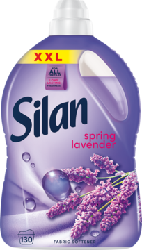 Fioletowy Silan XXL płyn do zmiękczania tkanin Spring Lavender, butelka 130 prań, z lawendą, widok z przodu.